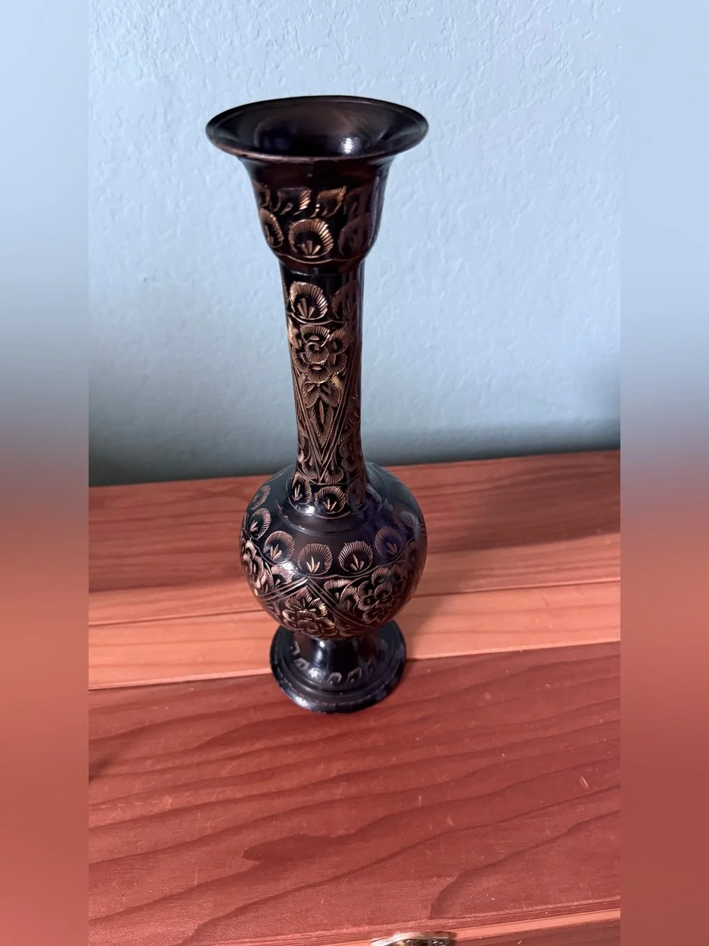 Vintage India Engraved Metal Vase Floral Etched Black Brass 11.5”